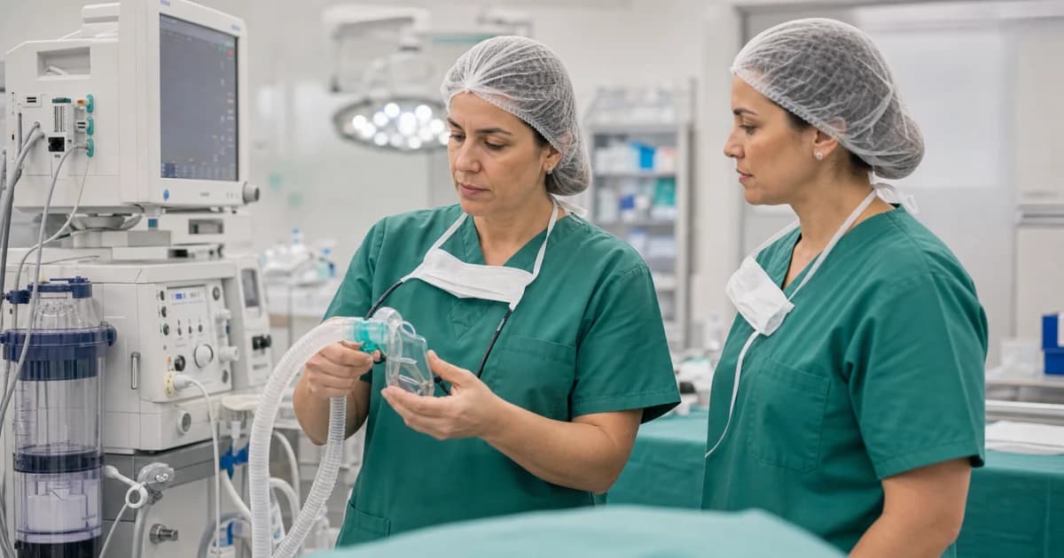 Equipe de anestesia conferindo equipamentos e monitorização antes do procedimento cirúrgico.