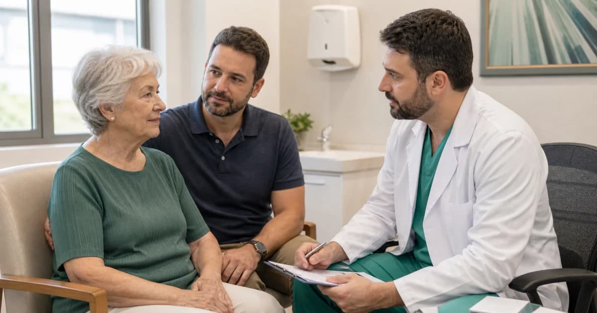 Paciente idosa acompanhada por familiar durante avaliação com anestesiologista antes da cirurgia.