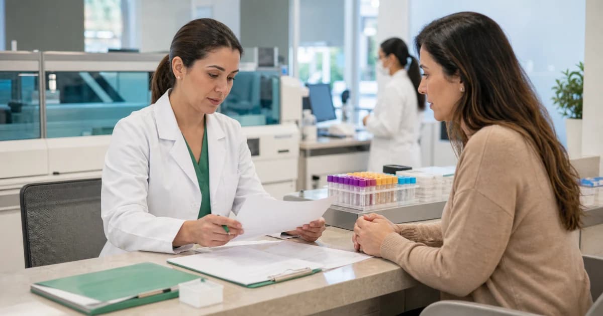 Profissional de saúde revisando exames pré-operatórios em ambiente de laboratório.