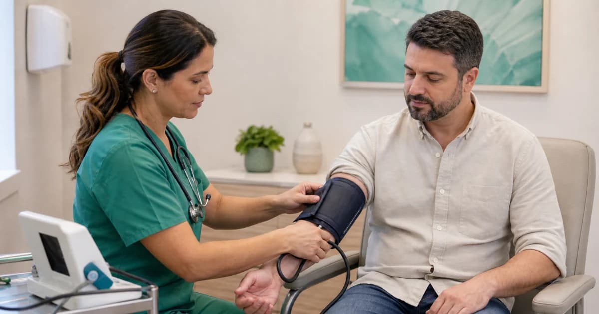 Profissional de saúde aferindo a pressão arterial do paciente antes da cirurgia.