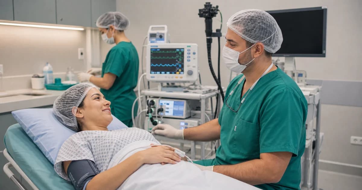 Paciente monitorada em sala de endoscopia antes de exame com sedação.